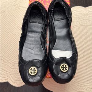 Tory Burch Black Floral Flats w/Gold Logo